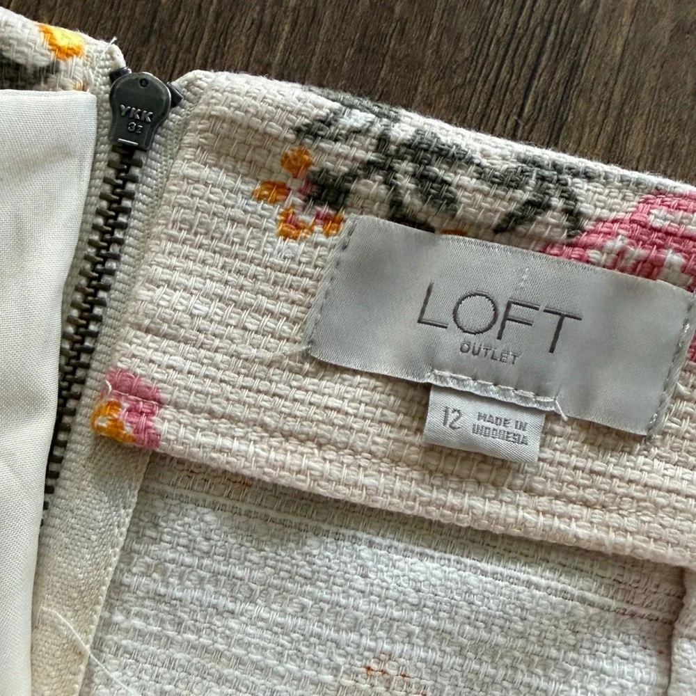 LOFT Mini Skirt Womens 12 Cream Lemon Floral Print Waffle Texture Citrus Garden